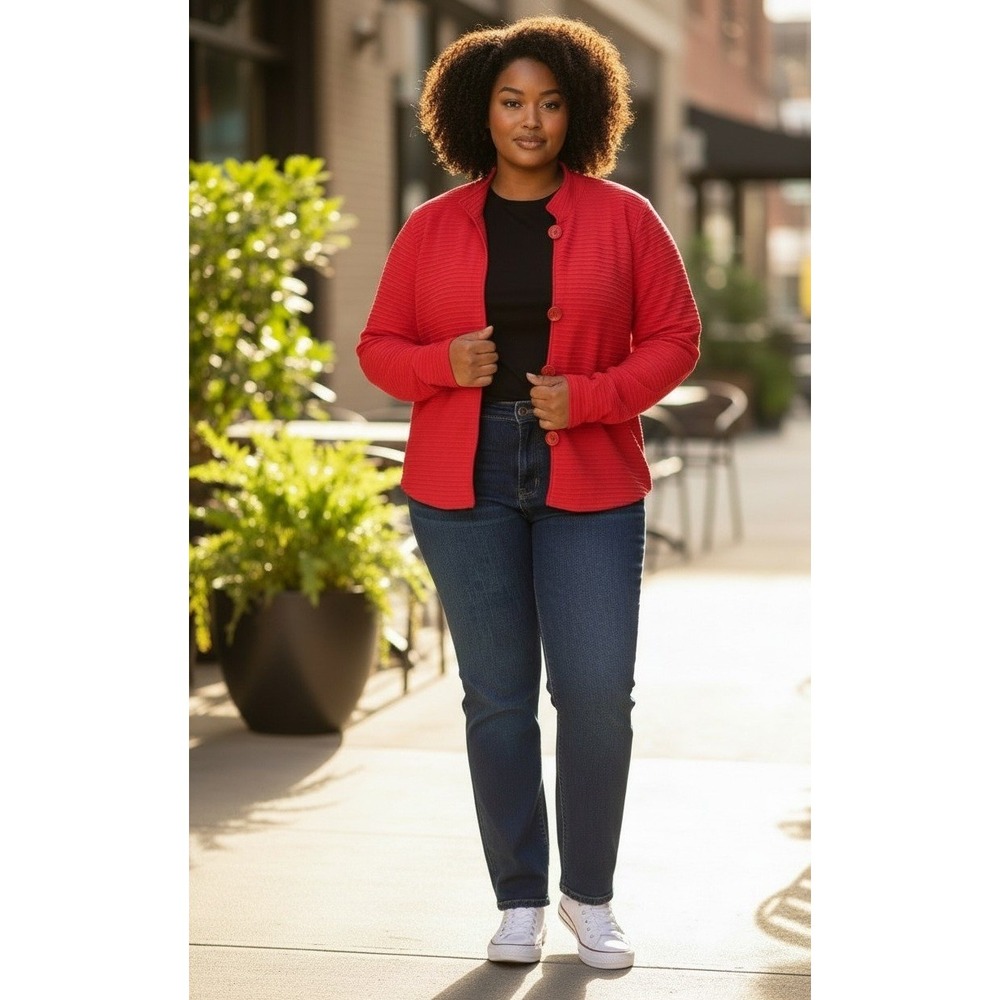 Coldwater Creek Red Ribbed Knit Button Front Jacket Mock Neck Plus Size 1X 16-18